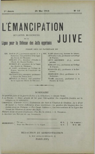 L'Emancipation Juive. Vol. 1 n° 10 (25 mai 1916)